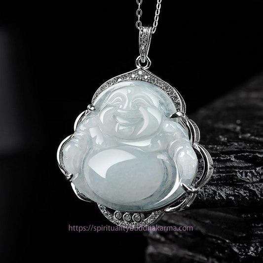 Buddha Energy Necklace 925 Sterling Silver Laughing Buddha Natural Jade Abundance Necklace Pendant