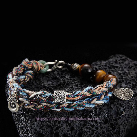 Ancient Tibetan Buddhist Red String Tradition  925 Sterling Silver Tiger's Eye Colorful Cotton Rope Handmade Willpower Bracelet