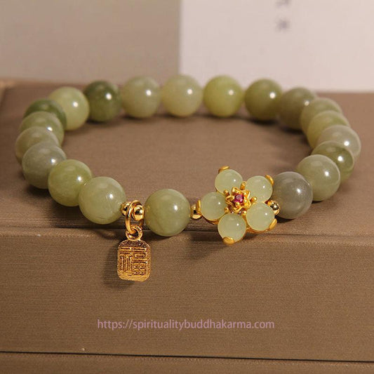Jade  Green Jade Flower Fu Character Charm Luck Bracelet