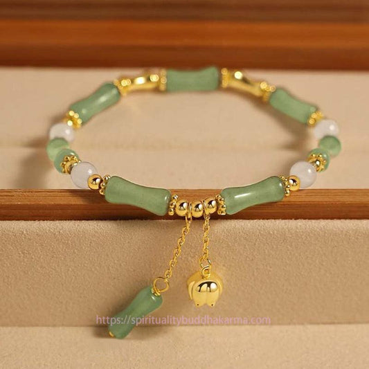 Spirituality Buddha Karma Green Aventurine Bamboo Jade Pattern Lily Of The Valley Charm Luck Bracelet