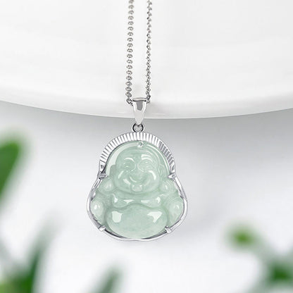 Jade  925 Sterling Silver Laughing Buddha Jade Luck Calm Necklace Chain Pendant