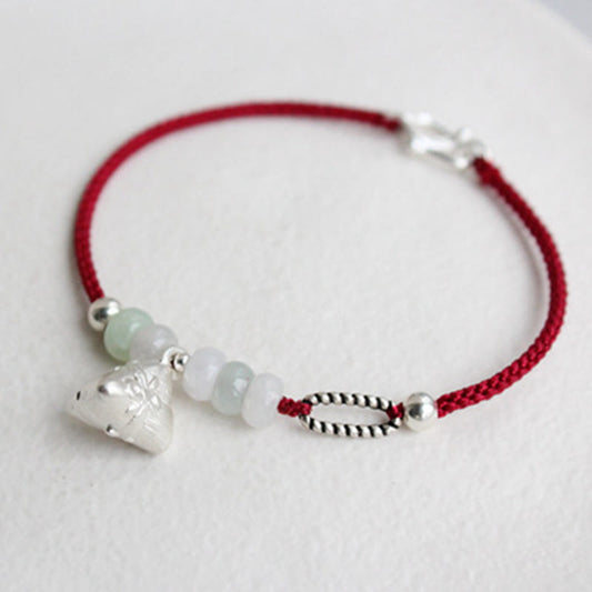 Ancient Tibetan Buddhist Red String Tradition  925 Sterling Silver Jade Red String Zongzi Charm Abundance Bracelet