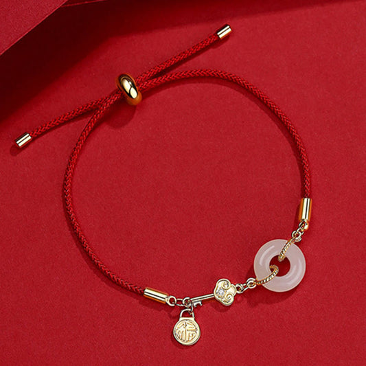 Ancient Tibetan Buddhist Red String Tradition  18K Gold Plated Hetian Jade Peace Buckle Fu Character Luck Red Rope Bracelet