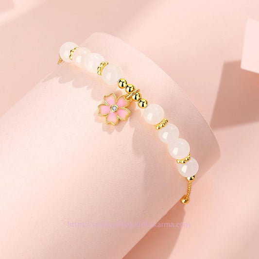 Jade  925 Sterling Silver Hetian White Jade Cherry Blossom Protection Bracelet