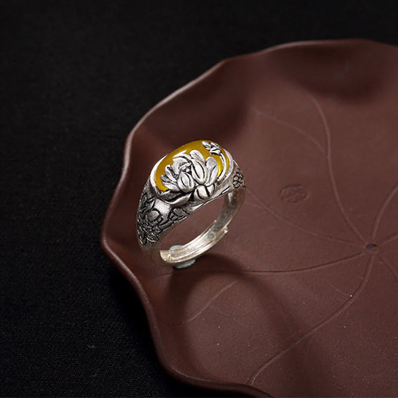 Golden Energy Citrine Silver Wealth Solar Plexus Chakra (Third Chakra) Lotus Blessing Protection Adjustable Ring