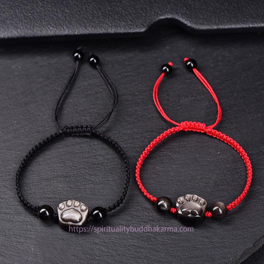 Ancient Tibetan Buddhist Red String Tradition  Natural Silver Sheen Obsidian Gold Sheen Obsidian Cute Cat Paw Claw Protection Rope Bracelet