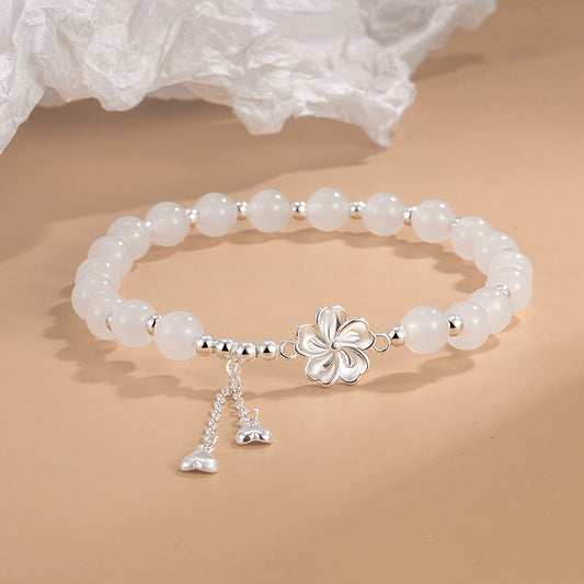 Jade  White Jade Peach Blossom Petals Flower Luck Bracelet