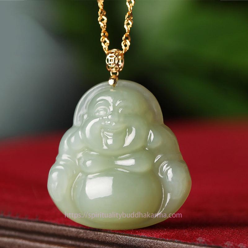 Buddha Energy Necklace 925 Sterling Silver Laughing Buddha Cyan Jade 18K Gold Success Necklace Pendant