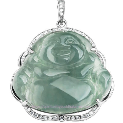 Jade  925 Sterling Silver Laughing Buddha Natural Jade Luck Necklace Chain Pendant