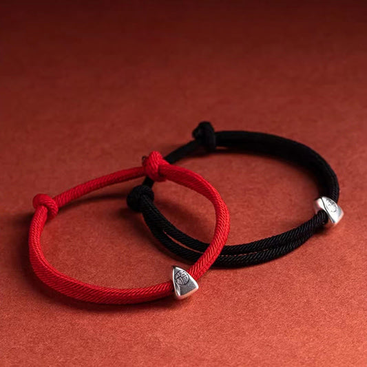 Ancient Tibetan Buddhist Red String Tradition  925 Sterling Silver Fu Character Blessing Handmade Braided Bracelet