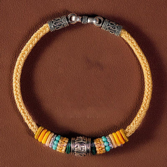 Ancient Tibetan Buddhist Red String Tradition  Handmade 925 Sterling Silver Tibetan Om Mani Padme Hum Purity Braided Bracelet