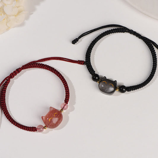 Ancient Tibetan Buddhist Red String Tradition  Handmade Natural Silver Sheen Obsidian Strawberry Quartz Cute Cat Protection Braided Bracelet