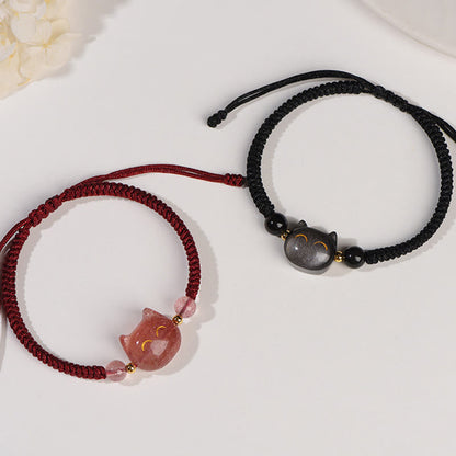 Spirituality Buddha Karma Handmade Natural Silver Sheen Obsidian Strawberry Quartz Cute Cat Protection Braided Bracelet