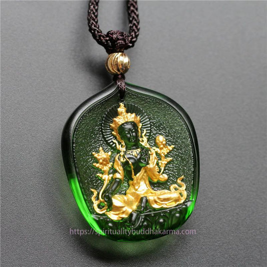 Buddha Energy Necklace Tibetan Green Tara Buddha Gold Plated Liuli Crystal Protection Necklace Pendant