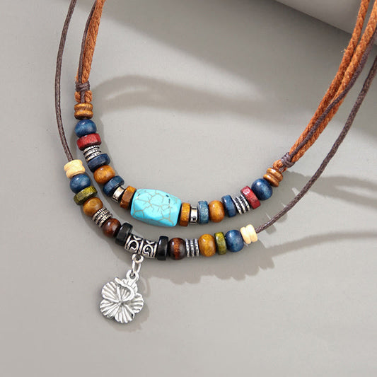 Ancient Tibetan Buddhist Red String Tradition  Turquoise Small Flower Protection Double Layer Necklace Pendant Bracelet