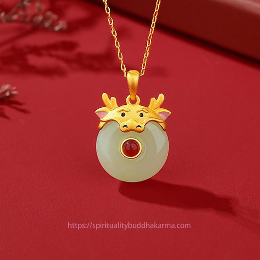 Jade  925 Sterling Silver Hetian Jade Chinese Zodiac Year of the Dragon Red Agate Luck Protection Necklace Pendant