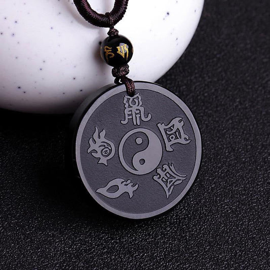 Spirituality Buddha Karma Natural Black Obsidian Taoism Five Sacred Mountains Nine-Character Mantra Carved Strength Yin Yang Necklace Pendant Key Chain