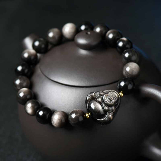 Spirituality Buddha Karma Silver Sheen Obsidian Lotus Flower Nine Tailed Fox Laughing Buddha Protection Bracelet