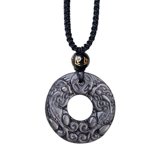 Spirituality Buddha Karma Natural Silver Sheen Obsidian Double PiXiu Copper Coin Peace Buckle Protection Necklace Pendant