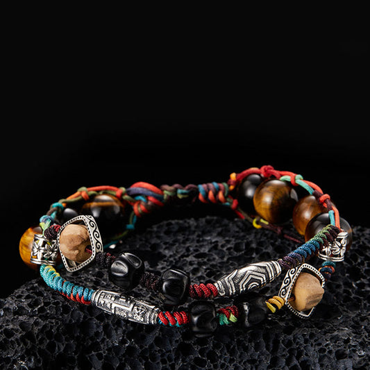 Ancient Tibetan Buddhist Red String Tradition  925 Sterling Silver Tiger's Eye Bodhi Seed Handmade Courage Bracelet