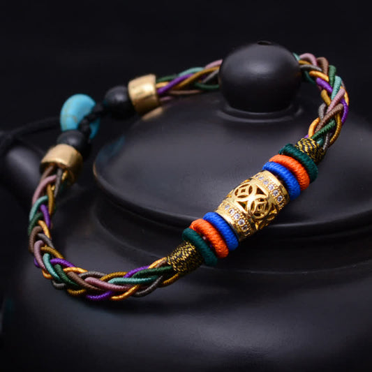 Ancient Tibetan Buddhist Red String Tradition  Tibetan Handmade Eight Thread Knot Copper Coin Luck Weave String Bracelet