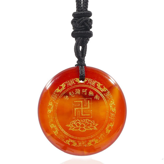 Spirituality Buddha Karma Swastika Lotus Pattern Natural Various Crystal Black Obsidian Purification Necklace Pendant