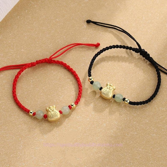 Ancient Tibetan Buddhist Red String Tradition  Lucky Money Bag Fu Character Jade Bead Luck Braided Bracelet