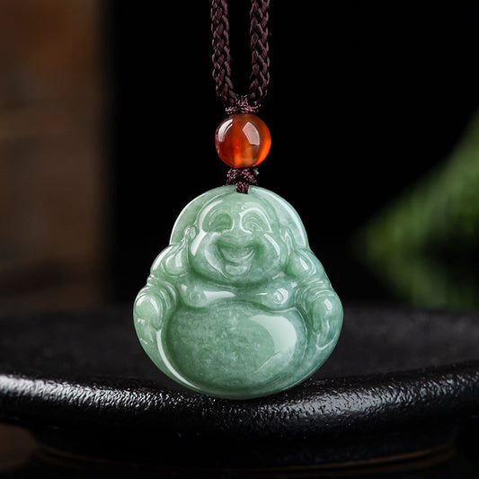 Buddha Energy Necklace Laughing Buddha Cyan Jade Success Necklace String Pendant