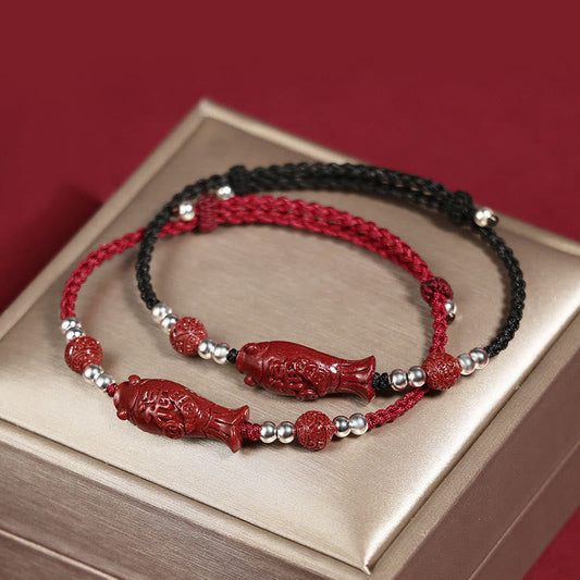 Ancient Tibetan Buddhist Red String Tradition  925 Sterling Silver Koi Fish Cinnabar Fu Character Copper Coin Wealth Braided Bracelet