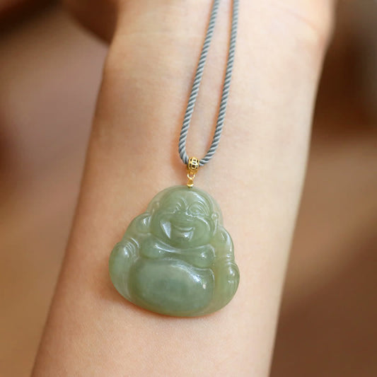 Buddha Energy Necklace 18K Gold Laughing Buddha Jade Abundance Necklace String Pendant