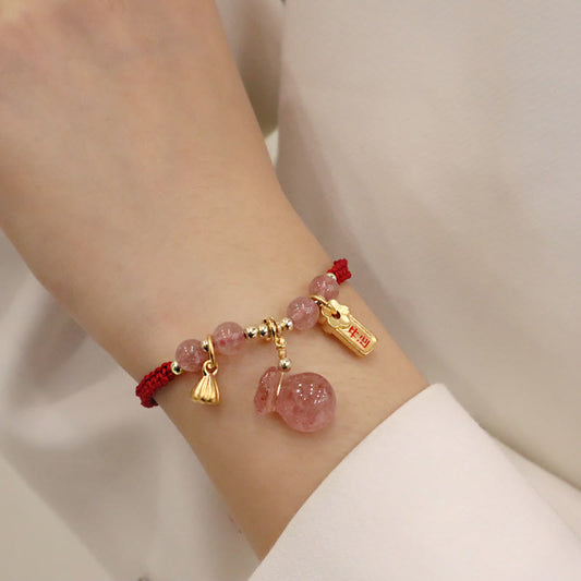 Ancient Tibetan Buddhist Red String Tradition  Natural Strawberry Quartz Money Bag Lotus Healing Charm Red String Braided Bracelet