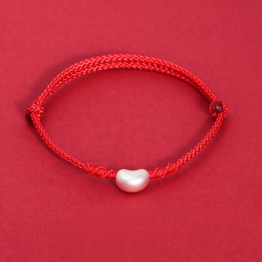 Ancient Tibetan Buddhist Red String Tradition  999 Sterling Silver Bean Design Luck Connection Handmade Braided Bracelet