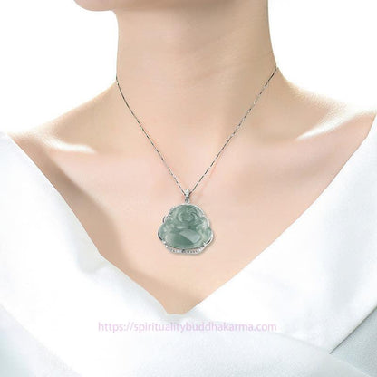 Jade  925 Sterling Silver Laughing Buddha Natural Jade Luck Necklace Chain Pendant