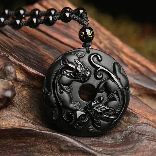 Spirituality Buddha Karma Natural Black Obsidian Peace Buckle Pixiu Bead Rope Strength Necklace Pendant