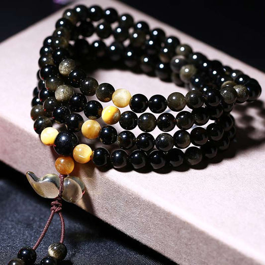 Spirituality Buddha Karma Natural Ice Obsidian Tiger Eye Gourd Bracelet Mala