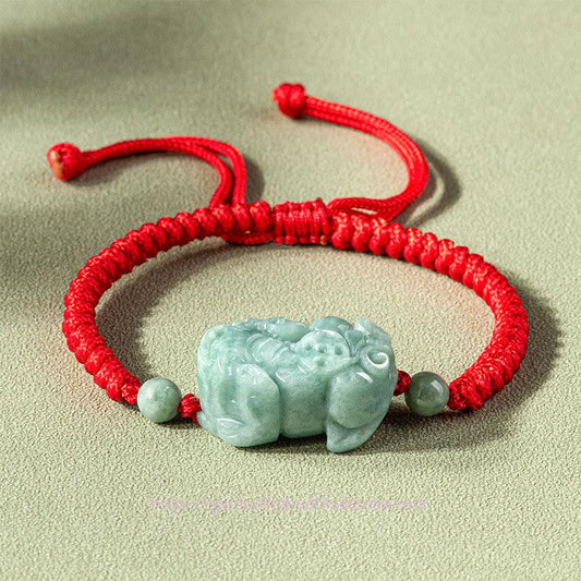 Ancient Tibetan Buddhist Red String Tradition  Handmade Natural Jade PiXiu Protection King Kong Knot Braided String Bracelet