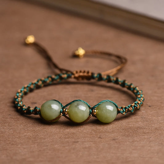 Ancient Tibetan Buddhist Red String Tradition  Handmade Rope Luck Three Jade Bead Abundance Bracelet