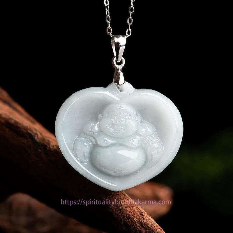 Buddha Energy Necklace 925 Sterling Silver Laughing Buddha White Jade Luck Blessing Necklace Pendant