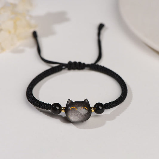 Ancient Tibetan Buddhist Red String Tradition  Handmade Natural Silver Sheen Obsidian Strawberry Quartz Cute Cat Protection Braided Bracelet