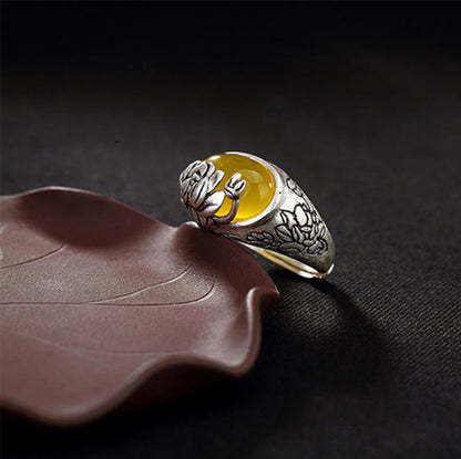 Golden Energy Citrine Silver Wealth Solar Plexus Chakra (Third Chakra) Lotus Blessing Protection Adjustable Ring
