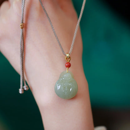 Jade  Laughing Buddha Hetian Jade Wealth Prosperity String Necklace Pendant