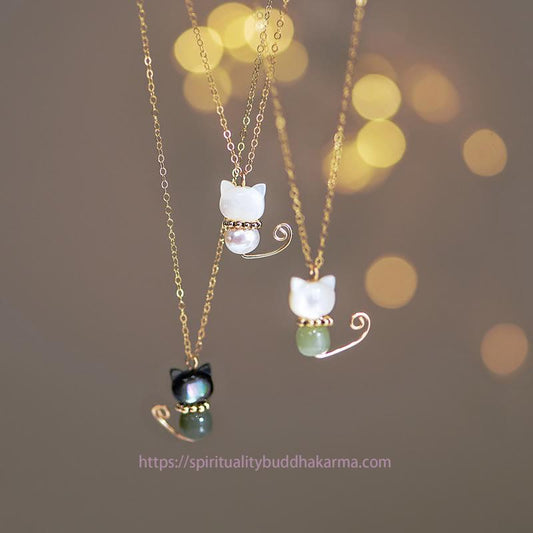 Jade  14K Gold Plated Pearl Hetian Jade Shell Luck Cat Kitten Necklace Pendant