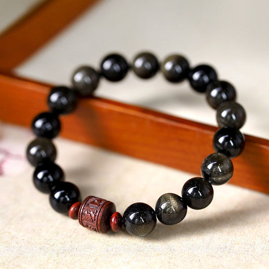 Spirituality Buddha Karma Natural Gold Sheen Obsidian Rainbow Obsidian Om Mani Padme Hum Fu Character Healing Bracelet