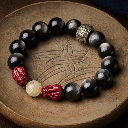 Spirituality Buddha Karma Gold Sheen Obsidian PiXiu Cinnabar Om Mani Padme Hum Protection Bracelet