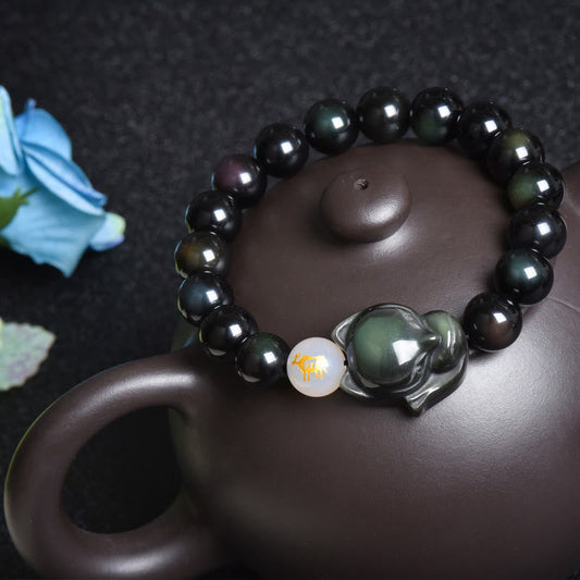 Spirituality Buddha Karma Natural Rainbow Obsidian Gold Sheen Obsidian Silver Sheen Obsidian Fox Healing Bracelet