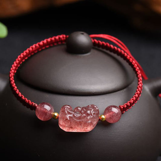 Ancient Tibetan Buddhist Red String Tradition  Natural Strawberry Quartz PiXiu Lucky Red String Bracelet