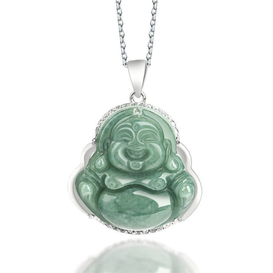 Buddha Energy Necklace 925 Sterling Silver Laughing Buddha Jade Abundance Necklace Chain Pendant