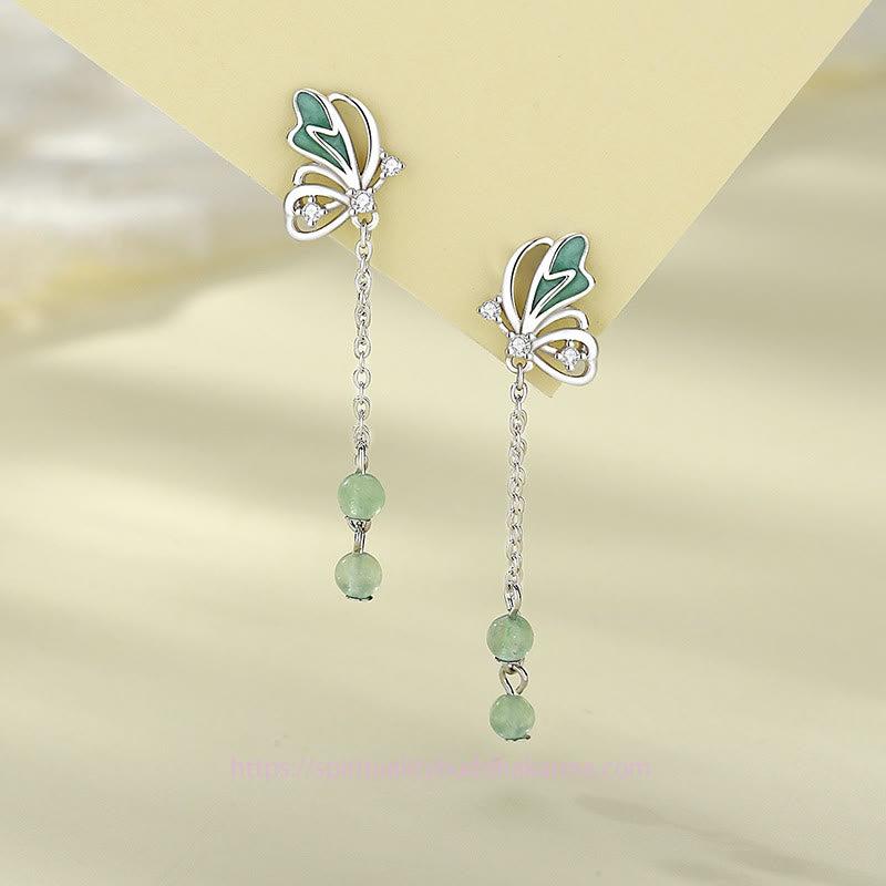Spirituality Buddha Karma 925 Sterling Silver Natural Green Aventurine Butterfly Luck Necklace Pendant Earrings Set