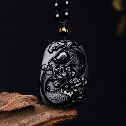 Spirituality Buddha Karma Natural Black Obsidian Koi Fish Lotus Strength Beaded Necklace Pendant