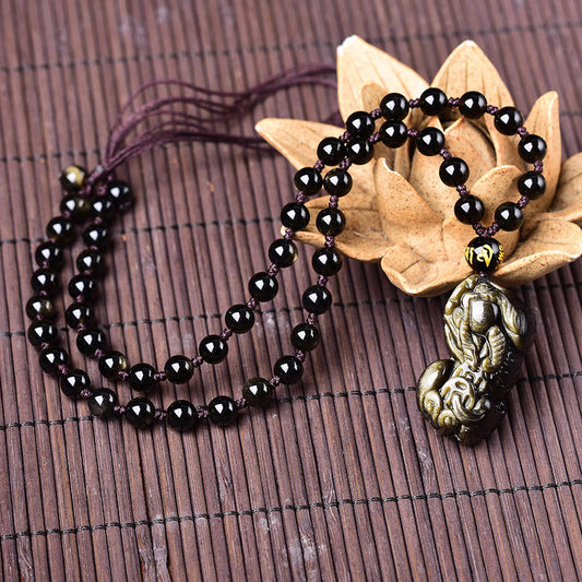 Spirituality Buddha Karma FengShui Gold Sheen Obsidian PiXiu Wealth Necklace